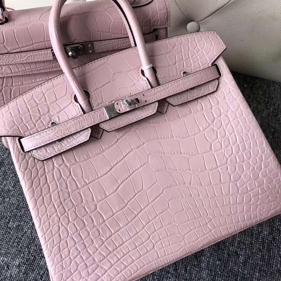 Pretty Hermes Barbie Pink Matt Crocodile Birkin Bag25CM Silver Hardware