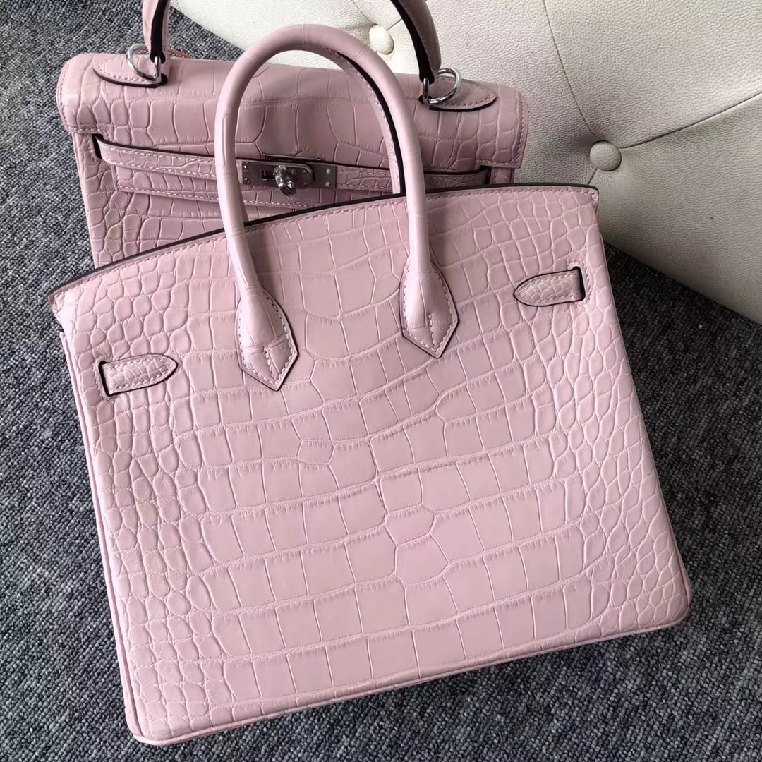 Pretty Hermes Barbie Pink Matt Crocodile Birkin Bag25CM Silver Hardware