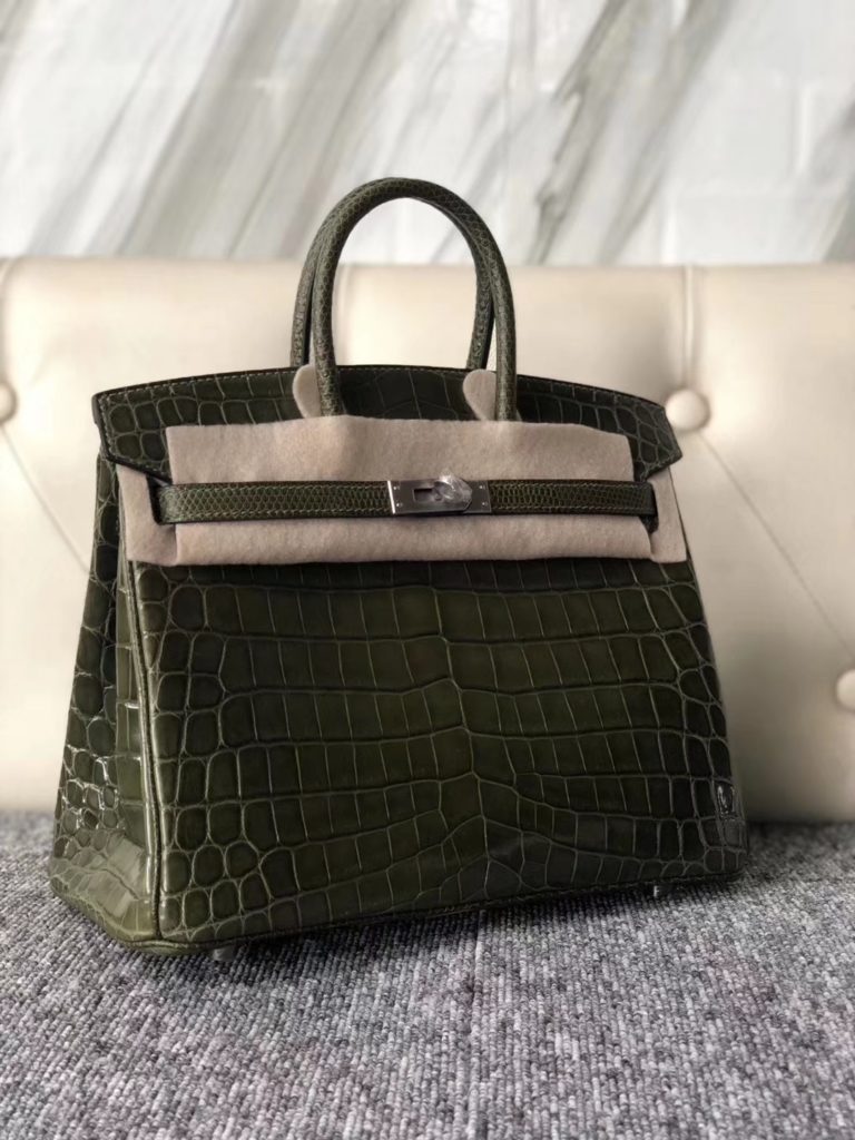 Hermes Shiny Crocodile/Lizard Leather Birkin Bag 25cm in 6H Vert Olive