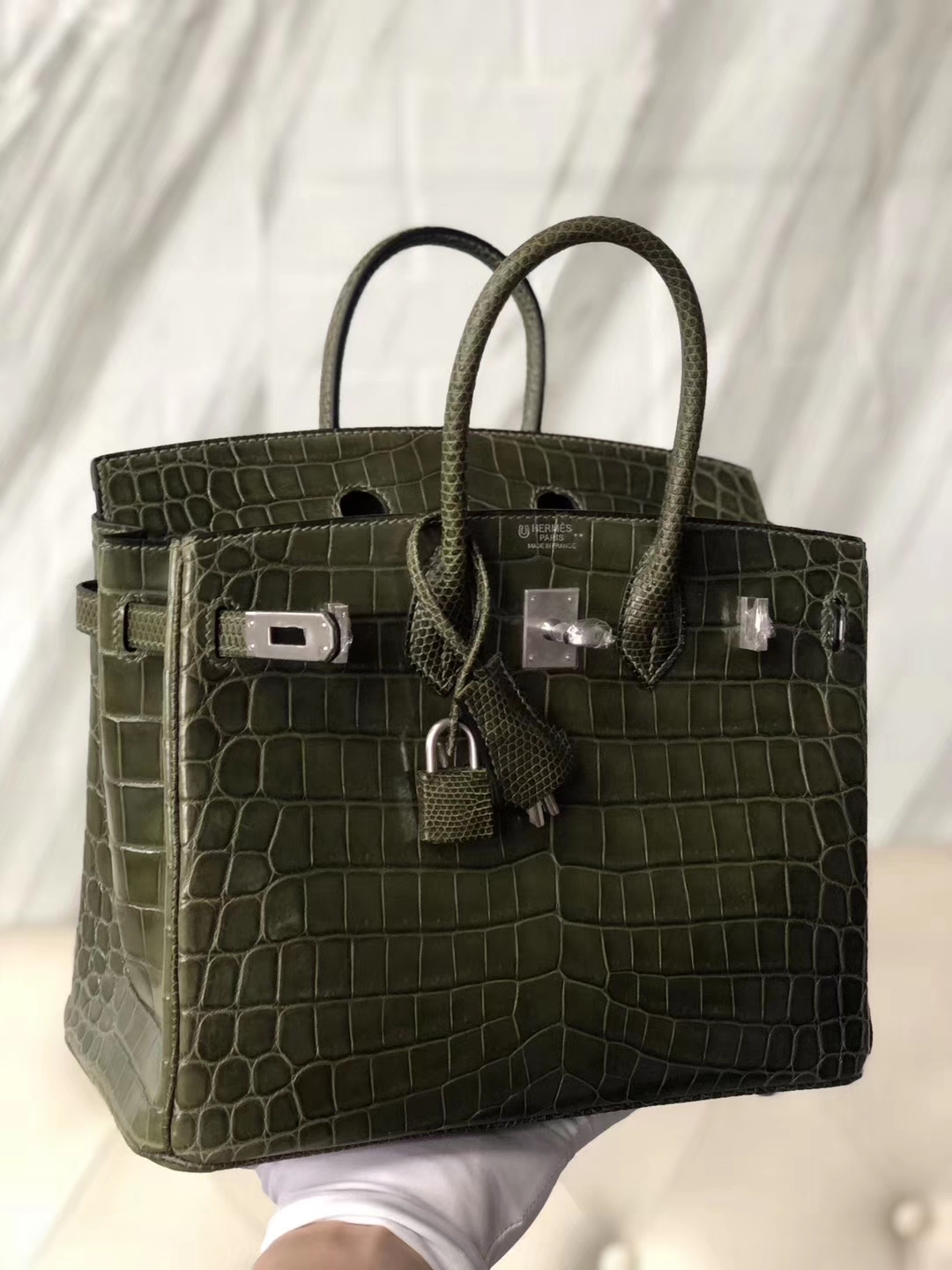Luxury Hermes Shiny Crocodile/Lizard Leather Birkin Bag25cm in 6H Vert Olive