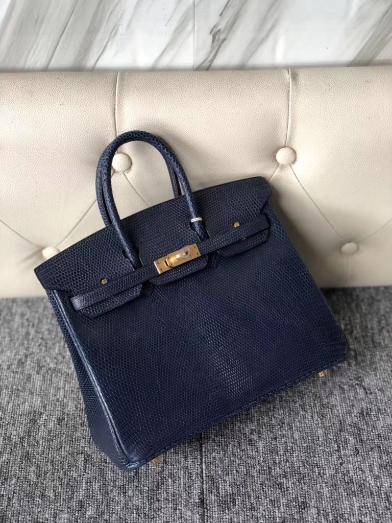 Hermes 7K Blue Saphir Shiny Lizard Birkin 25CM Bag Gold Hardware