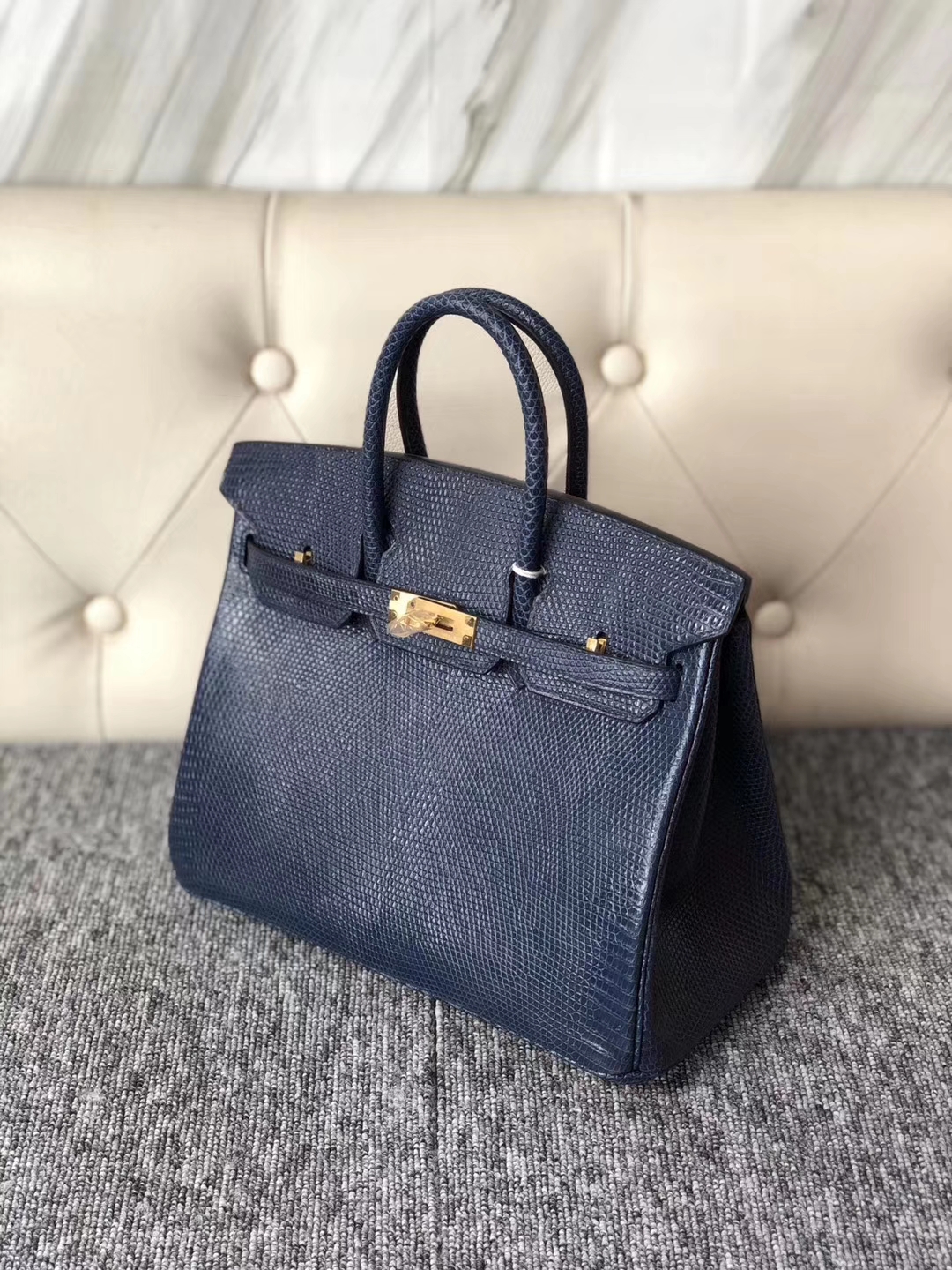Elegant Hermes 7K Blue Saphir Shiny Lizard Birkin25CM Bag Gold Hardware