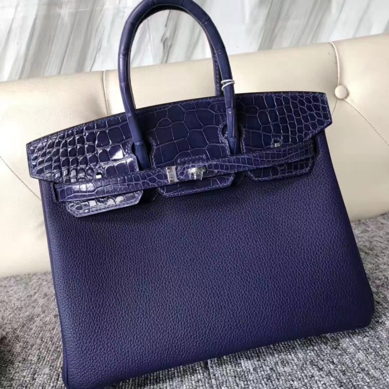 Hermes M3 Blue Encre Shiny Crocodile/Togo Leather Birkin 25cm Bag