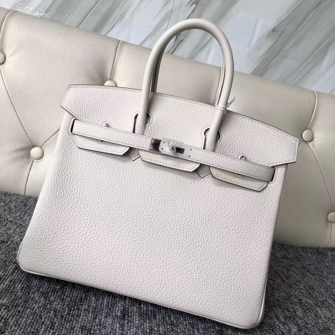 Noble Hermes Togo Calf Birkin Bag25CM in 8L Beton White Silver Hardware
