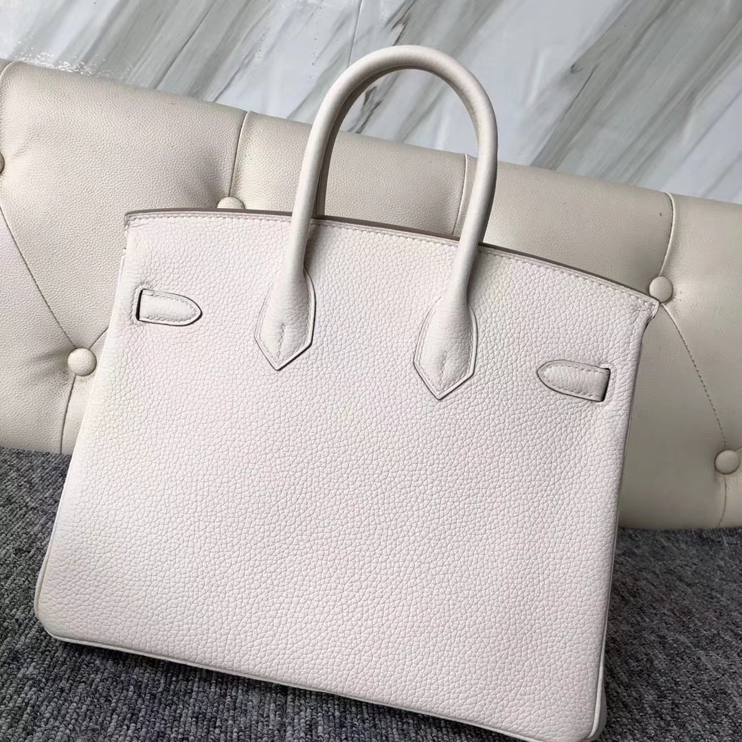 Noble Hermes Togo Calf Birkin Bag25CM in 8L Beton White Silver Hardware
