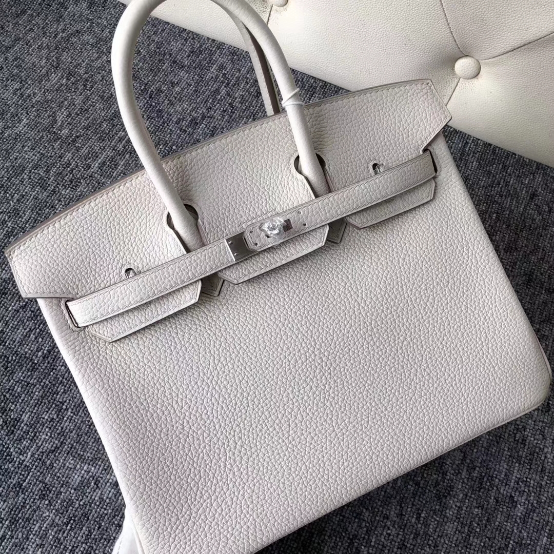 Noble Hermes Togo Calf Birkin Bag25CM in 8L Beton White Silver Hardware