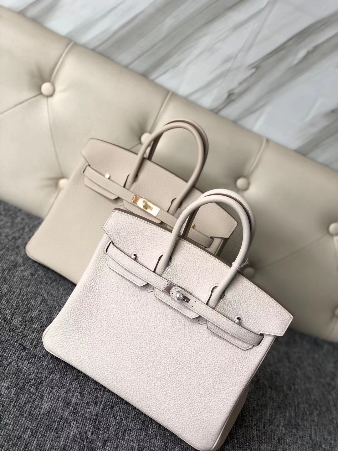 Noble Hermes Togo Calf Birkin Bag25CM in 8L Beton White Silver Hardware