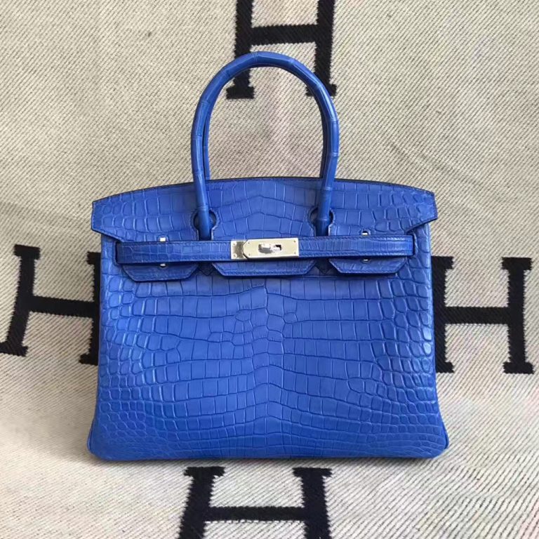 Hand Stitching Hermes 7T Blue Electric Crocodile Matt Leather Birkin Bag  30cm