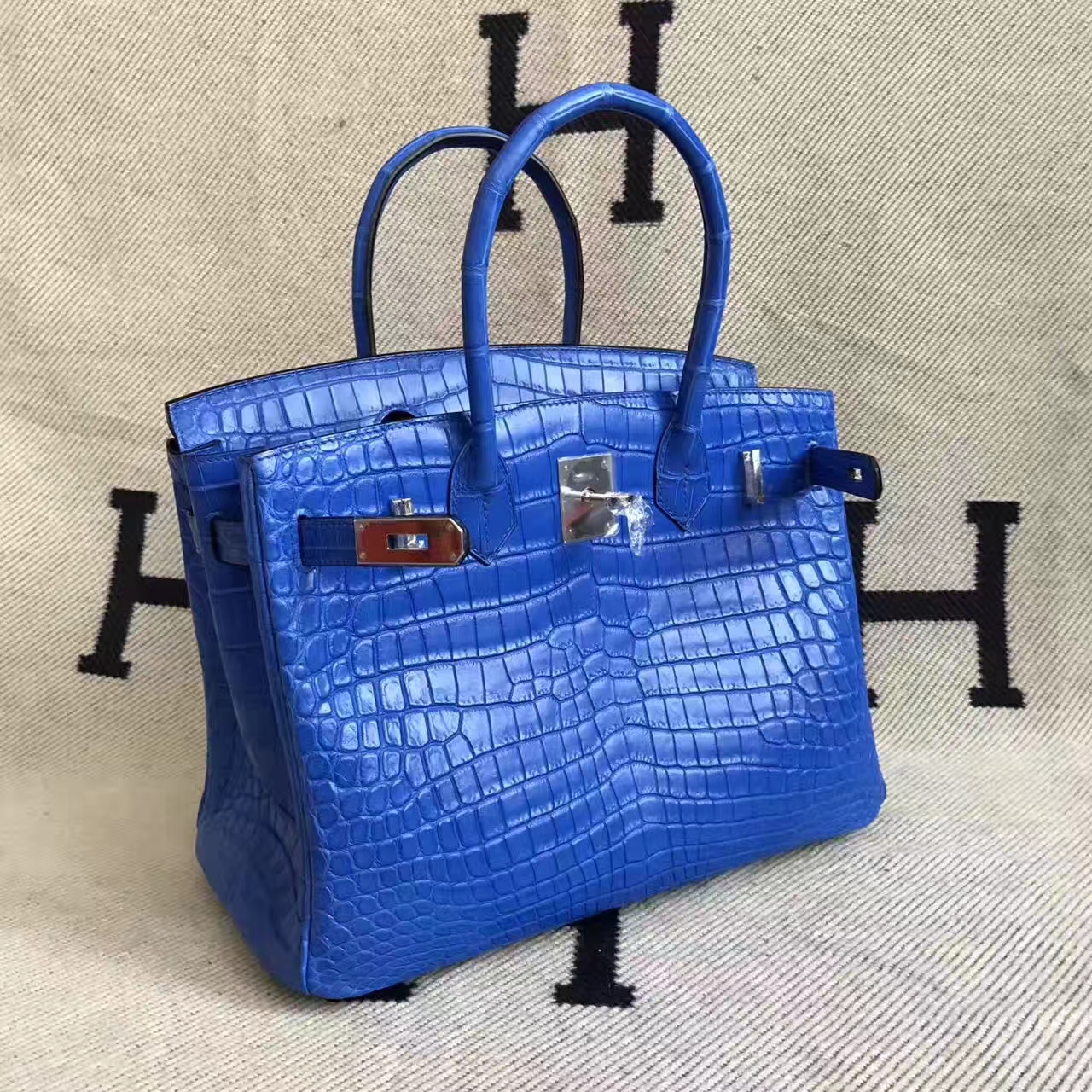 Hand Stitching Hermes 7T Blue Electric Crocodile Matt Leather Birkin Bag 30cm