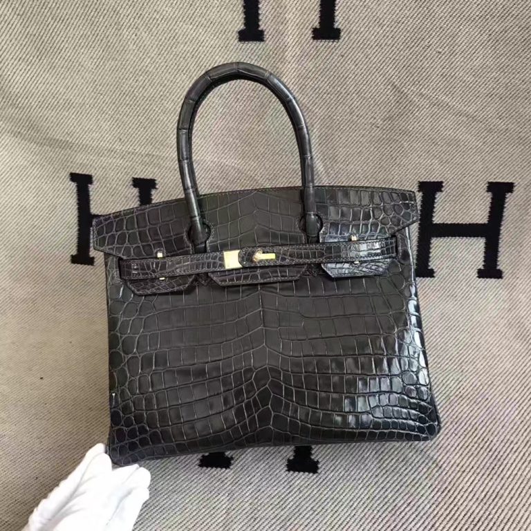 Hermes Crocodile Shiny Birkin Bag  30cm in CK88 Graphite Grey