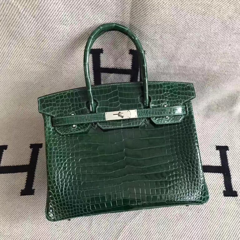 Hermes CK67 Vert Fonce Porosus Shiny Leather Birkin Bag  30cm