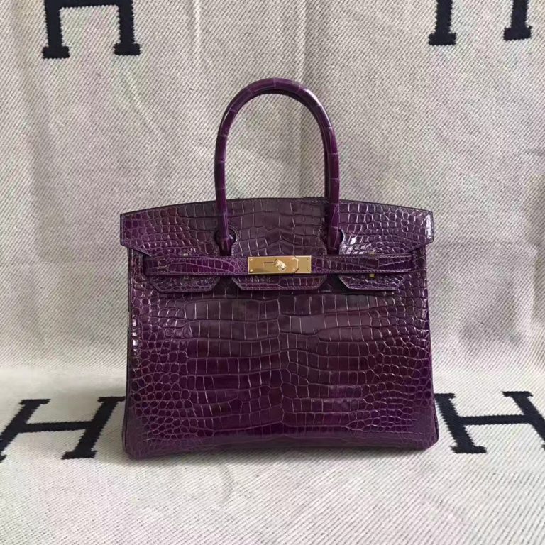 Hermes Amethyst Purple Porosus Shiny Leather Birkin 30cm Handbag