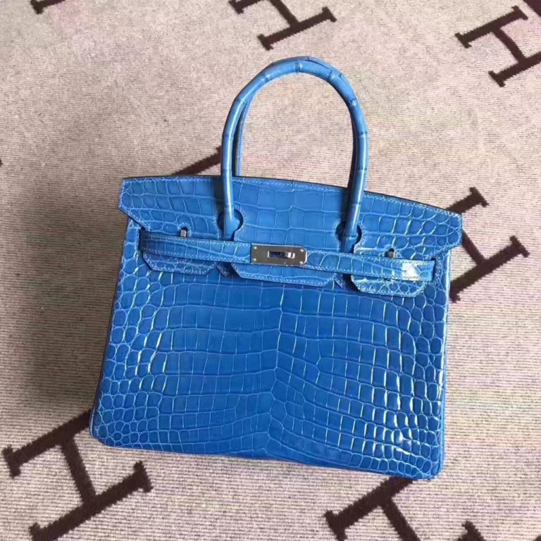 Hermes  Birkin Bag 30cm in 7W Blue Izmir Crocodile Shiny Leather