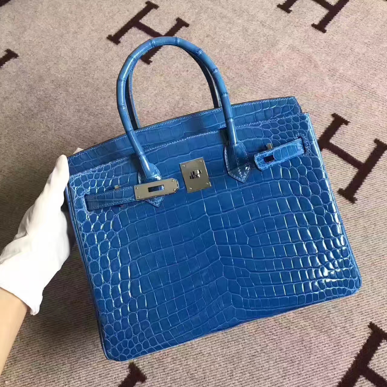 Discount Hermes  Birkin Bag30cm in 7W Blue Izmir Crocodile Shiny Leather