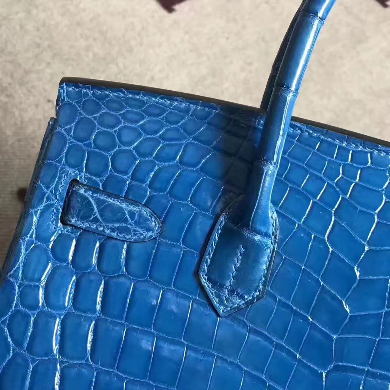Discount Hermes  Birkin Bag30cm in 7W Blue Izmir Crocodile Shiny Leather