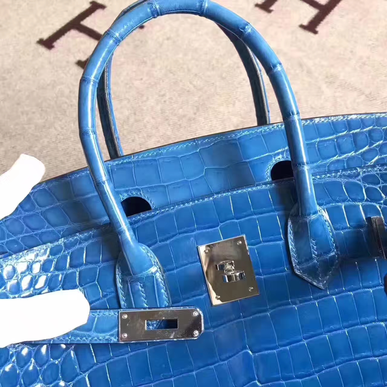 Discount Hermes  Birkin Bag30cm in 7W Blue Izmir Crocodile Shiny Leather