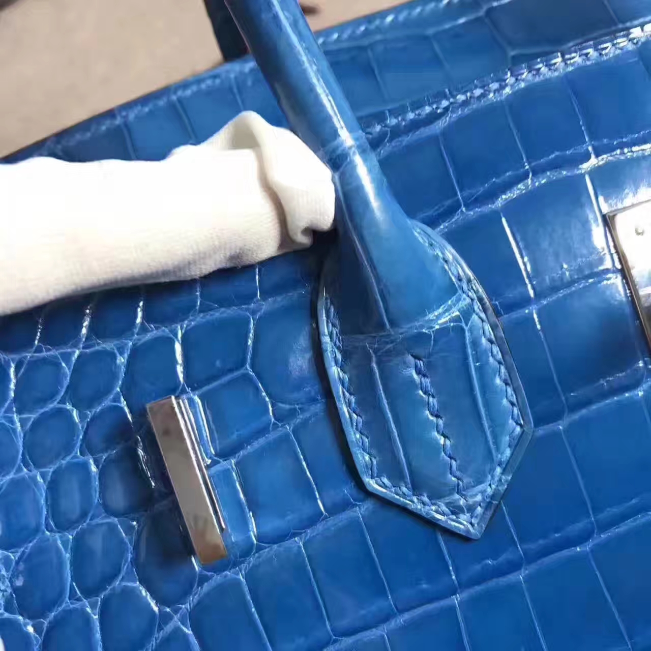 Discount Hermes  Birkin Bag30cm in 7W Blue Izmir Crocodile Shiny Leather