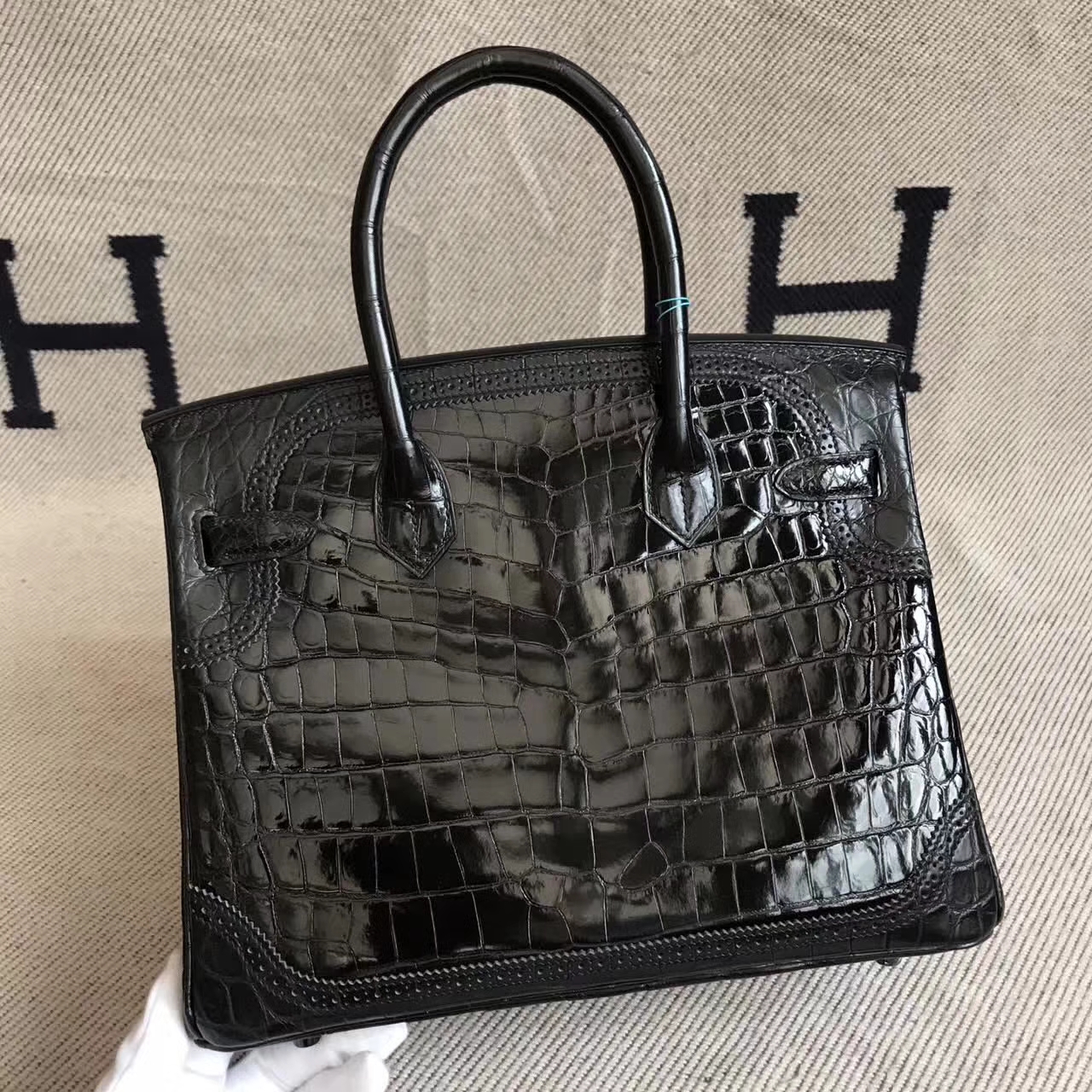 Hand Stitching Hermes CK89 Black Crocodile Shiny Leather Ghillies Birkin 30cm