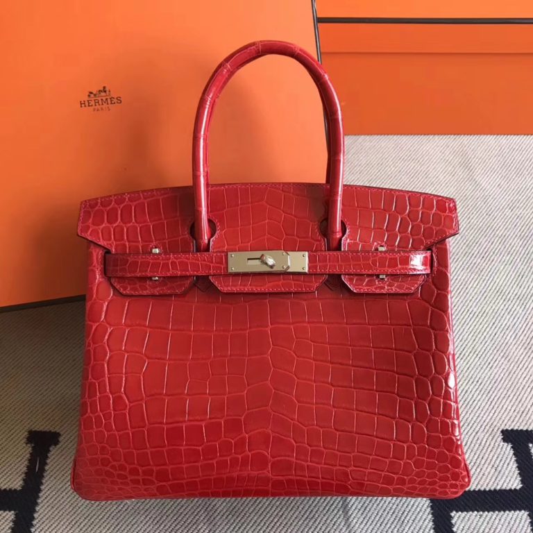 Hermes Birkin 30cm Handbag in Q5 Rouge Casaque Crocodile Shiny Leather