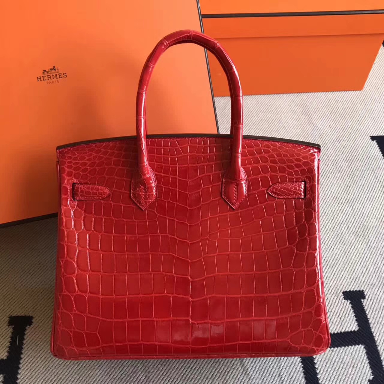 Wholesale Hermes Birkin30cm Handbag in Q5 Rouge Casaque Crocodile Shiny Leather