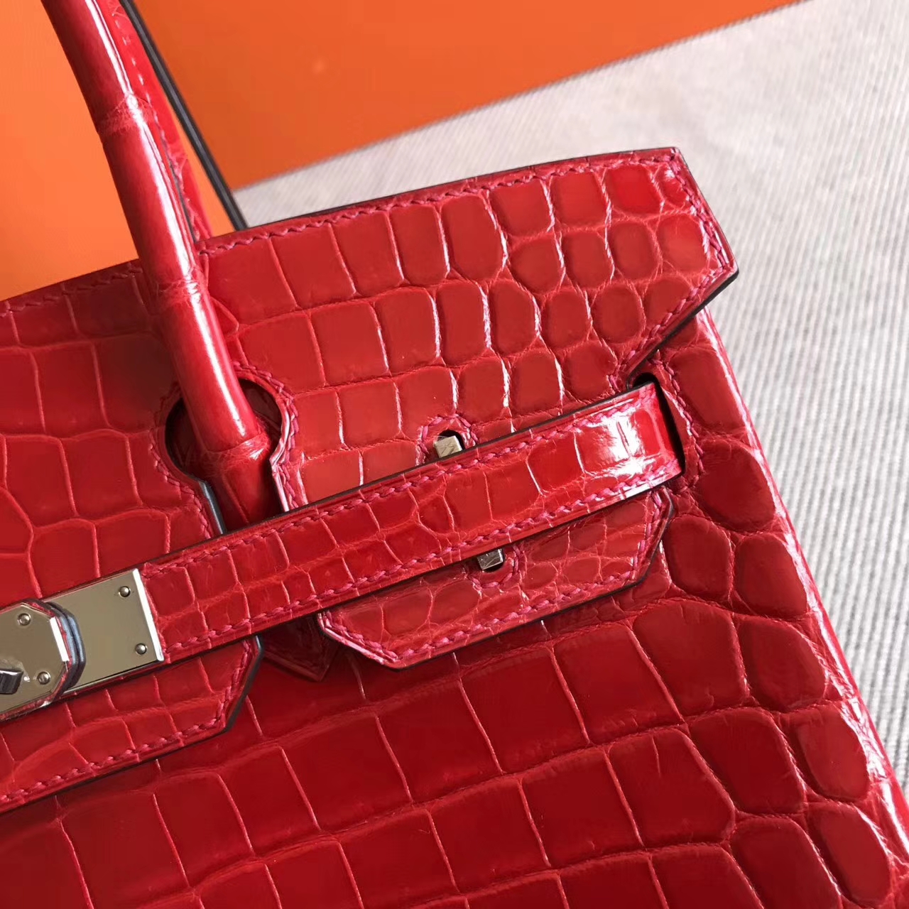 Wholesale Hermes Birkin30cm Handbag in Q5 Rouge Casaque Crocodile Shiny Leather