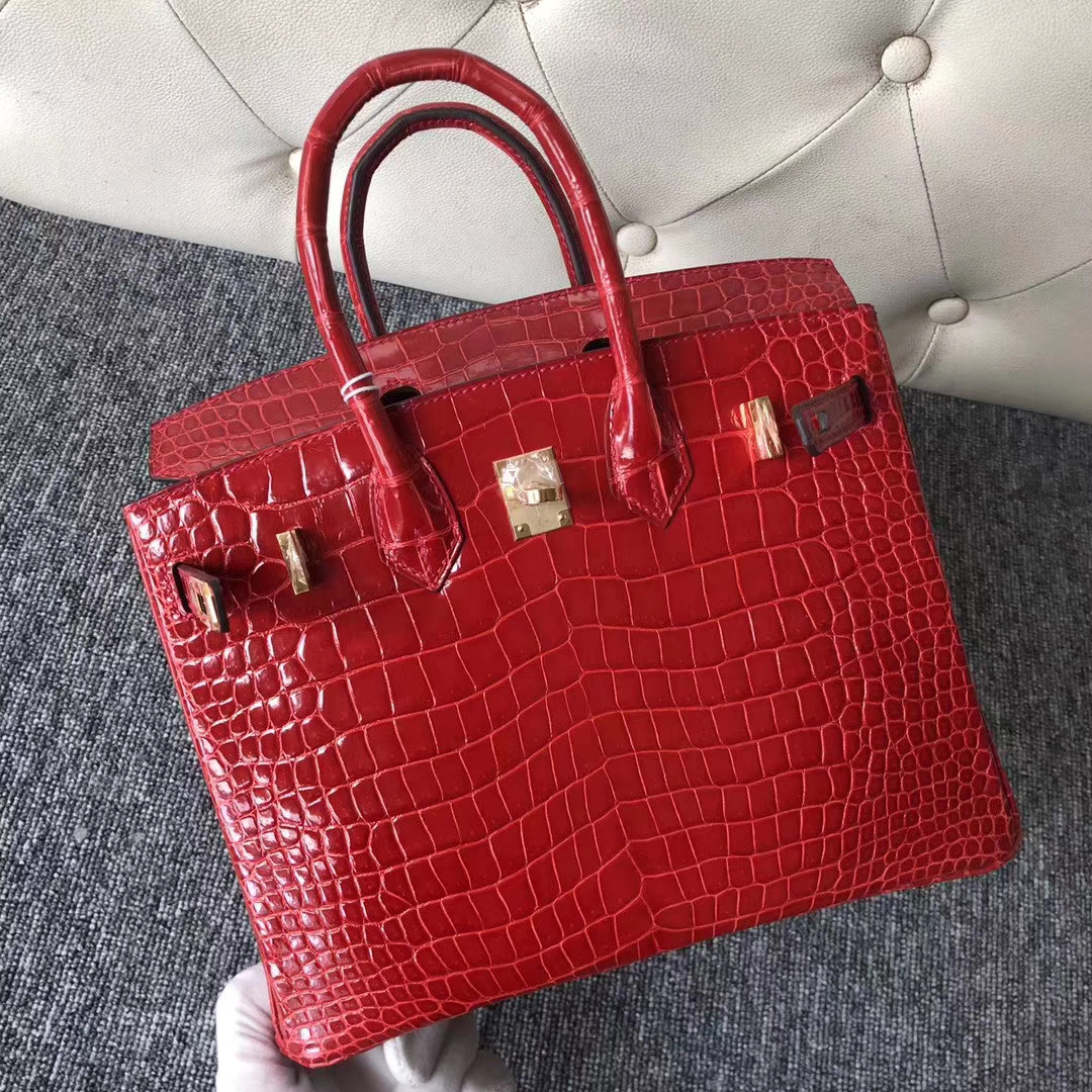 Pretty Hermes Shiny Crocodile Birkin25CM Tote Bag in CK95 Braise Gold Hardware
