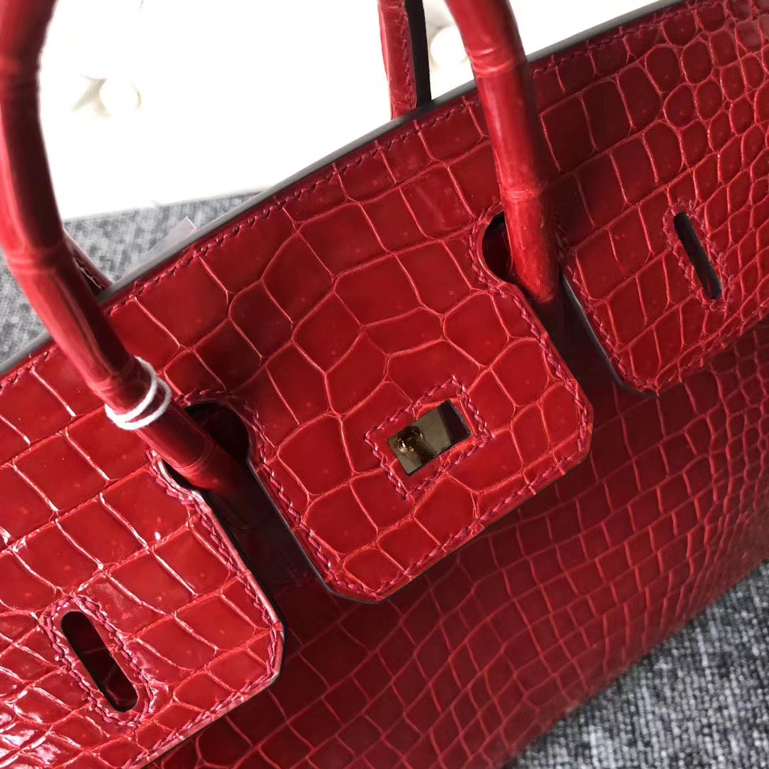 Pretty Hermes Shiny Crocodile Birkin25CM Tote Bag in CK95 Braise Gold Hardware