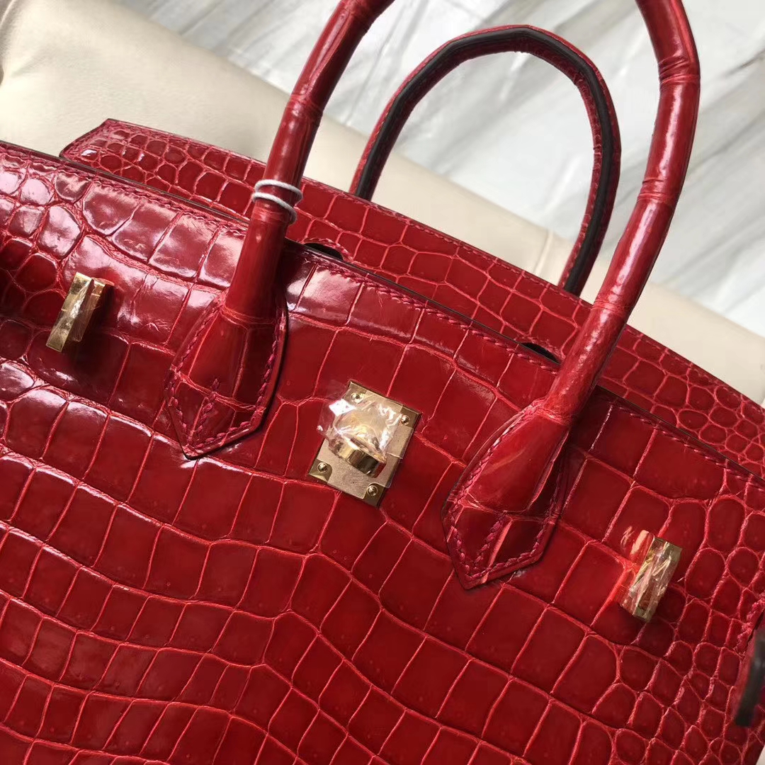 Pretty Hermes Shiny Crocodile Birkin25CM Tote Bag in CK95 Braise Gold Hardware