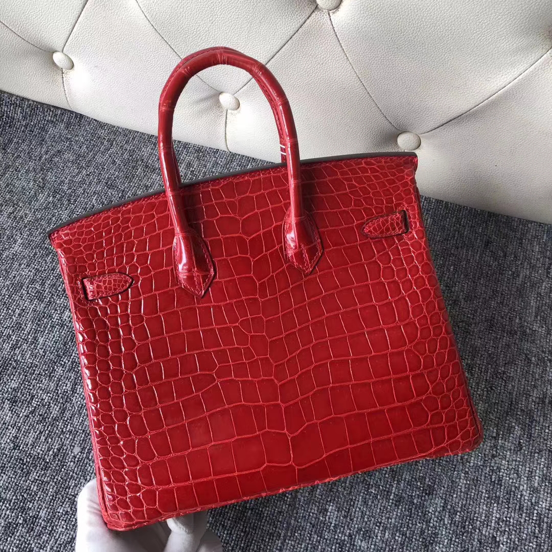 Pretty Hermes Shiny Crocodile Birkin25CM Tote Bag in CK95 Braise Gold Hardware
