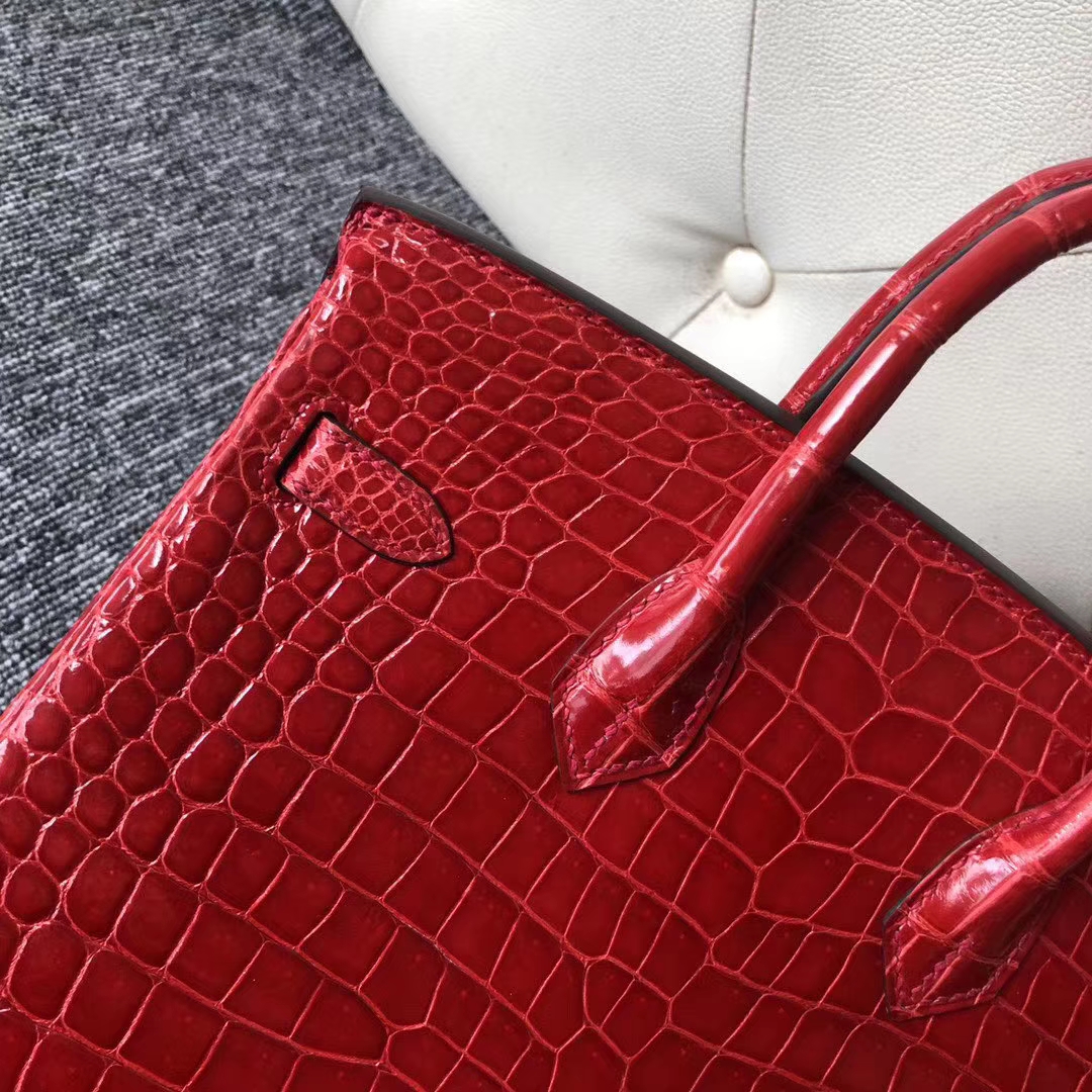 Pretty Hermes Shiny Crocodile Birkin25CM Tote Bag in CK95 Braise Gold Hardware