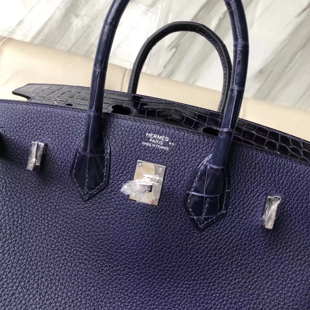 Hermes Touch Series Birkin Bag25CM Blue Crocodile/Togo Leather Silver Hardware