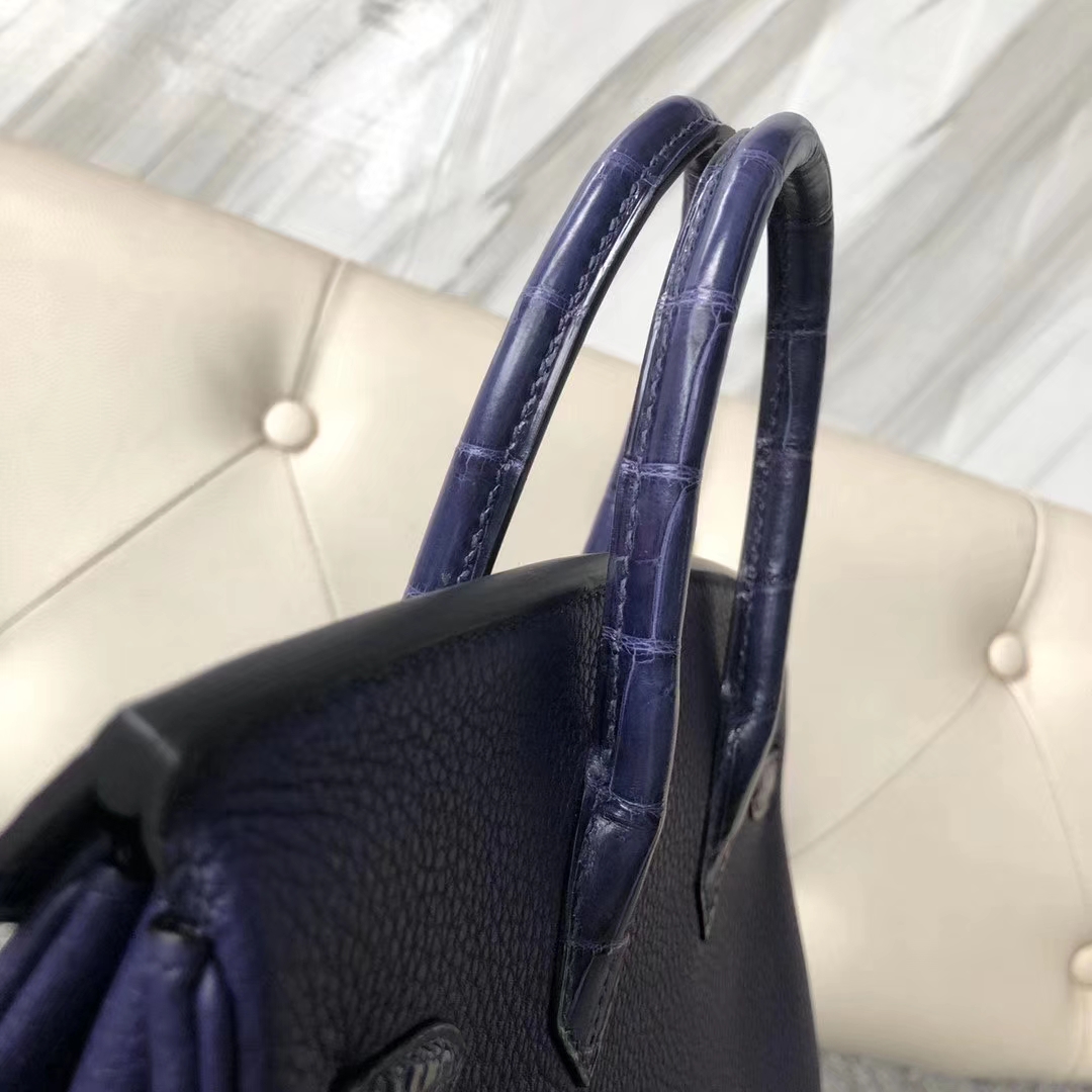 Hermes Touch Series Birkin Bag25CM Blue Crocodile/Togo Leather Silver Hardware