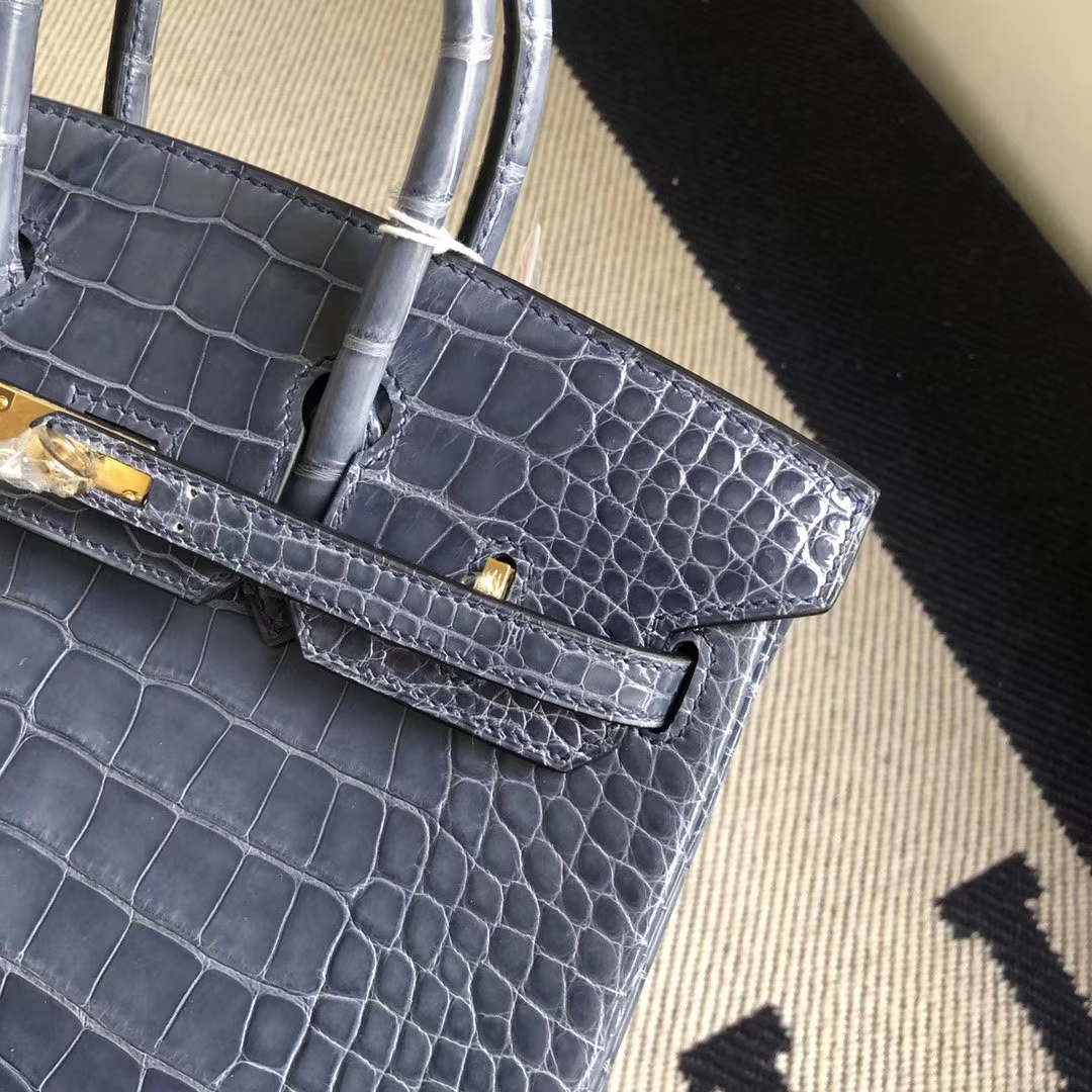 Luxury Hermes N7 Blue Tempete Shiny Alligator Crocodile Birkin25cm Bag Gold Hardware