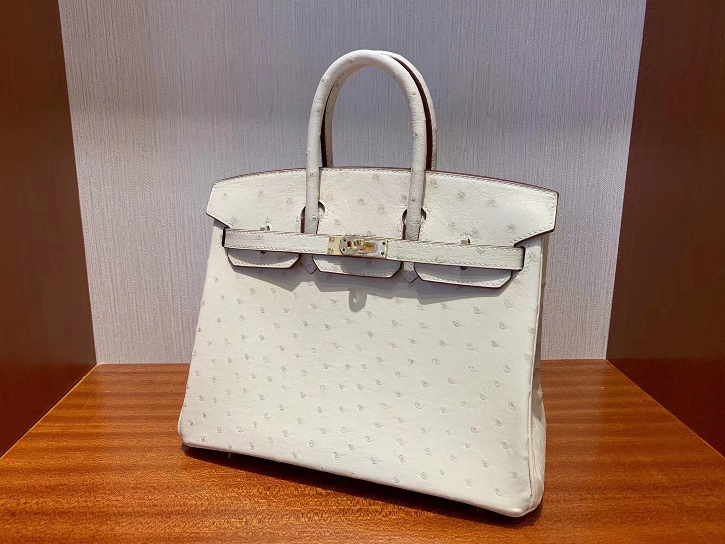 Stock Hermes 3C Wool White KK Ostrich Birkin25CM Bag Gold Hardware