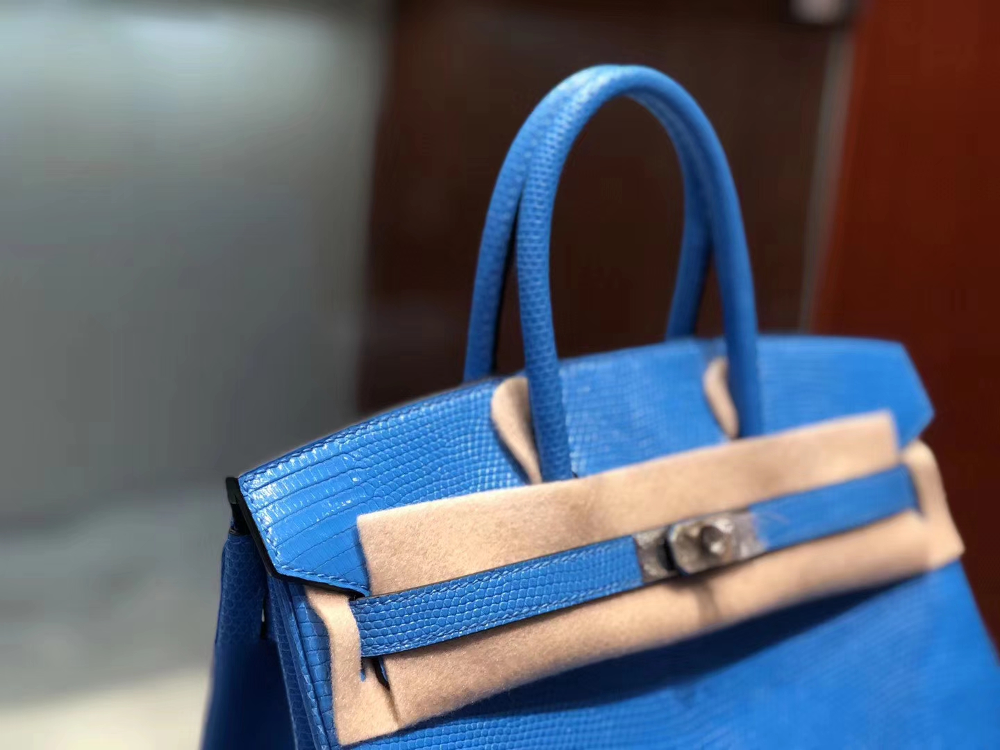 Fashion Hermes 7Q Blue Mykonos Shiny Lizard Birkin Bag25CM Silver Hardware