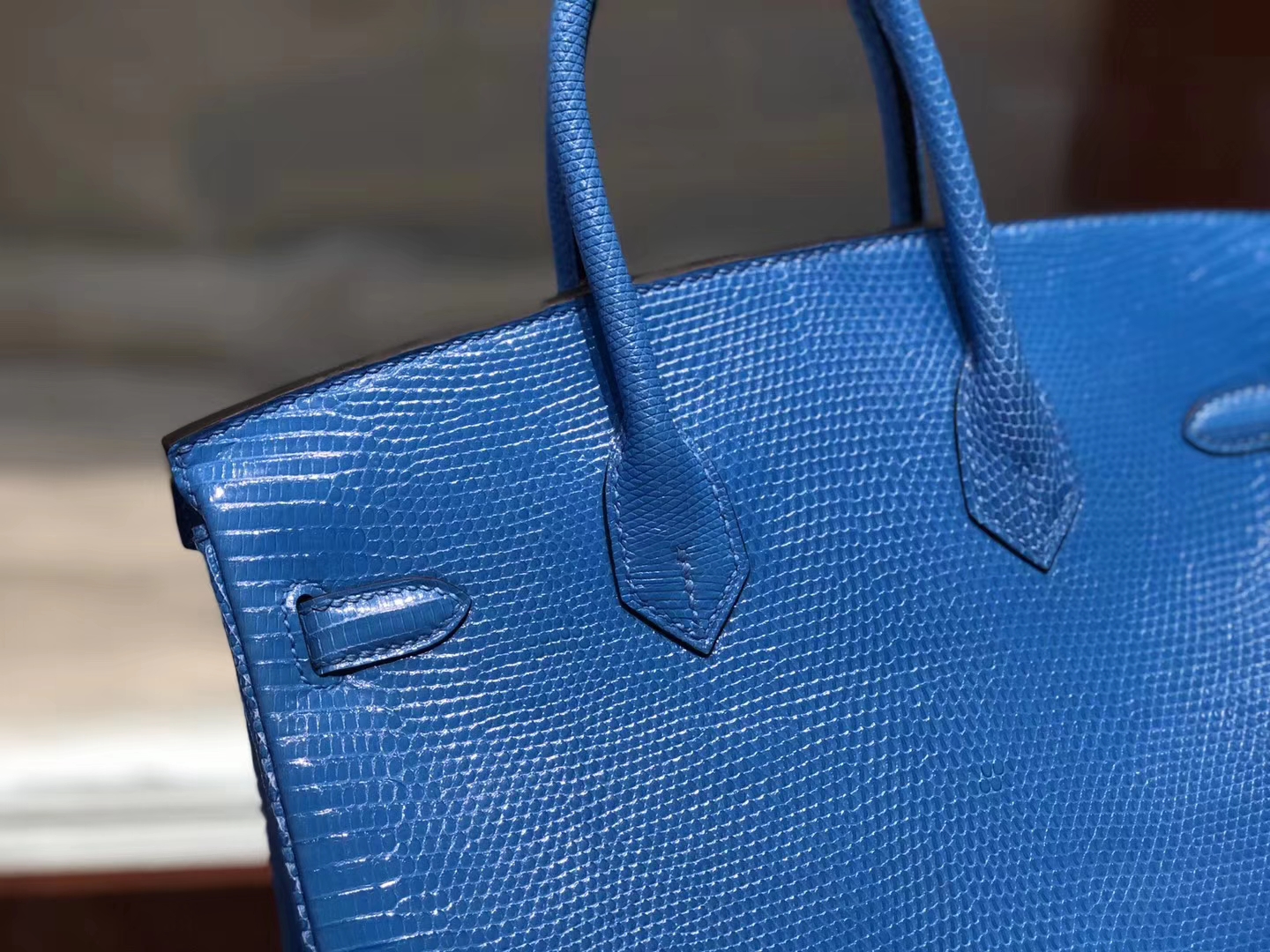 Fashion Hermes 7Q Blue Mykonos Shiny Lizard Birkin Bag25CM Silver Hardware