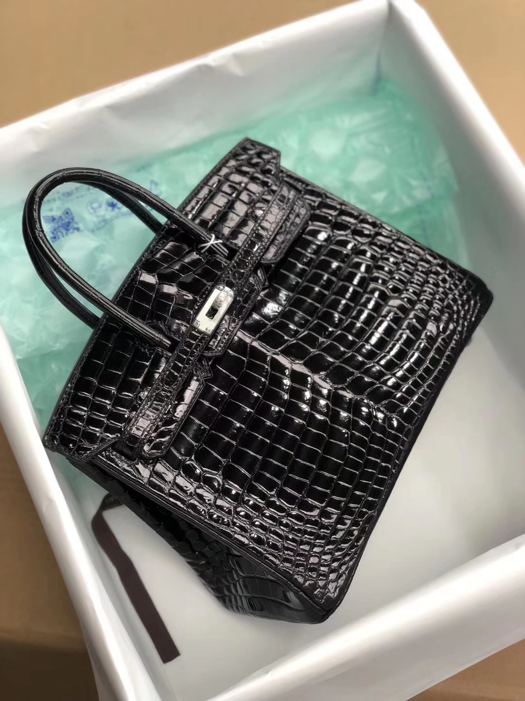 Luxury Hermes Shiny Crocodile Birkin25cm Bag in CK89 Noir Silver Hardware