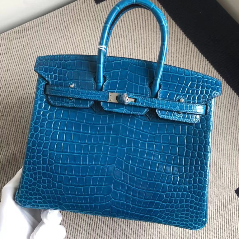Hermes Shiny Crocodile Birkin Bag 25CM in 7W Blue Izmir Silver Hardware