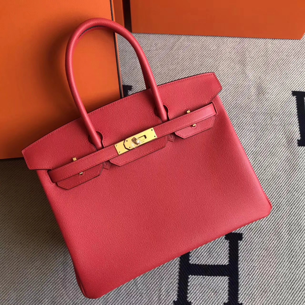 Discount Hermes Epsom Leather Birkin30cm Handbag in Q5 Rouge Casaque