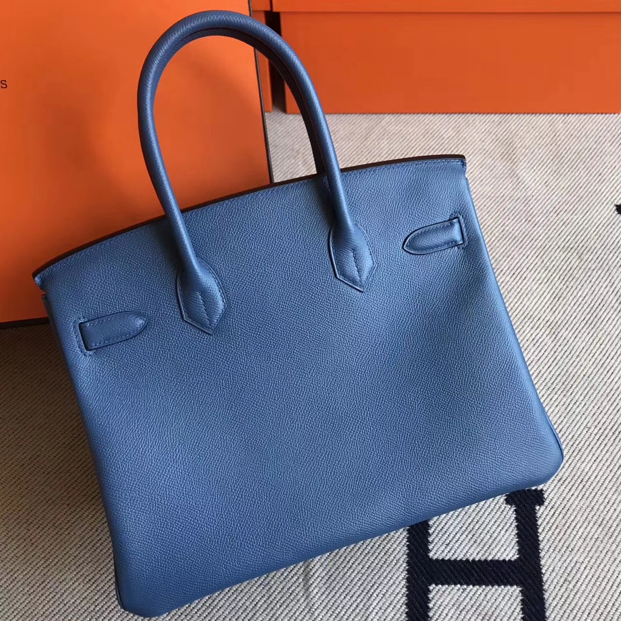 Hand Stitching Hermes Birkin Bag30cm in R2 Agate Blue Epsom Leather