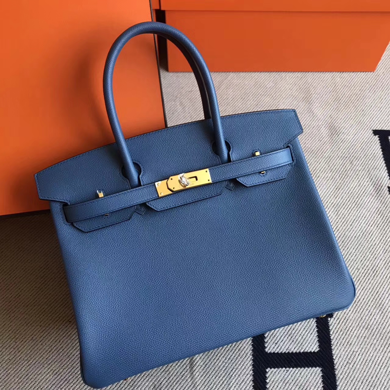 Hand Stitching Hermes Birkin Bag30cm in R2 Agate Blue Epsom Leather