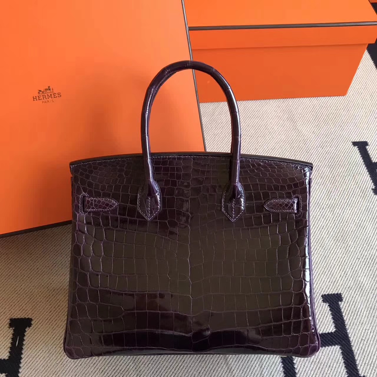 Discount Hermes 9G Amethyst Crocodile Shiny Leather Birkin Bag30cm