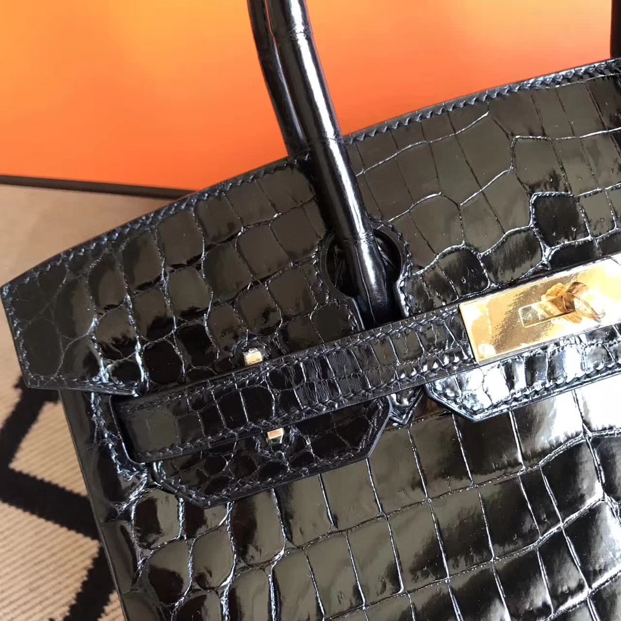 Hand Stitching Hermes Ck89 Black Crocodile Shiny Birkin30 Bag Gold Hardware