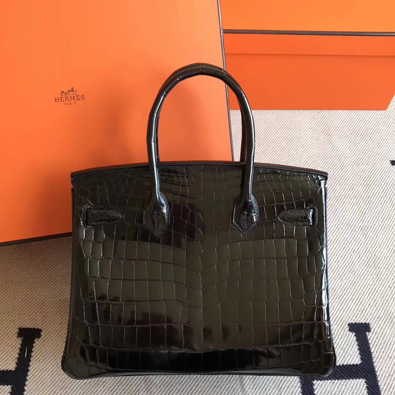Hand Stitching Hermes Ck89 Black Crocodile Shiny Birkin30 Bag Gold Hardware