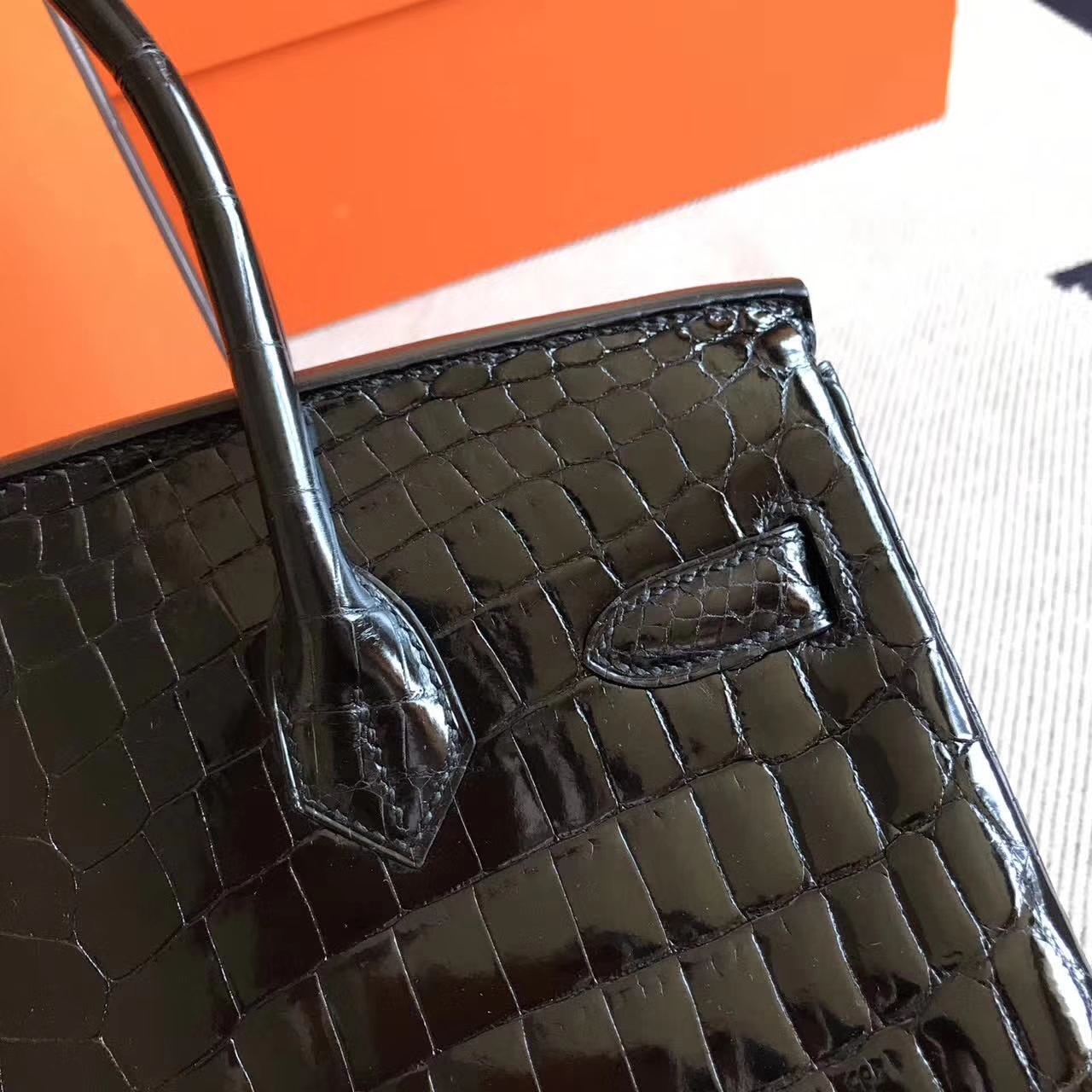 Hand Stitching Hermes Ck89 Black Crocodile Shiny Birkin30 Bag Gold Hardware