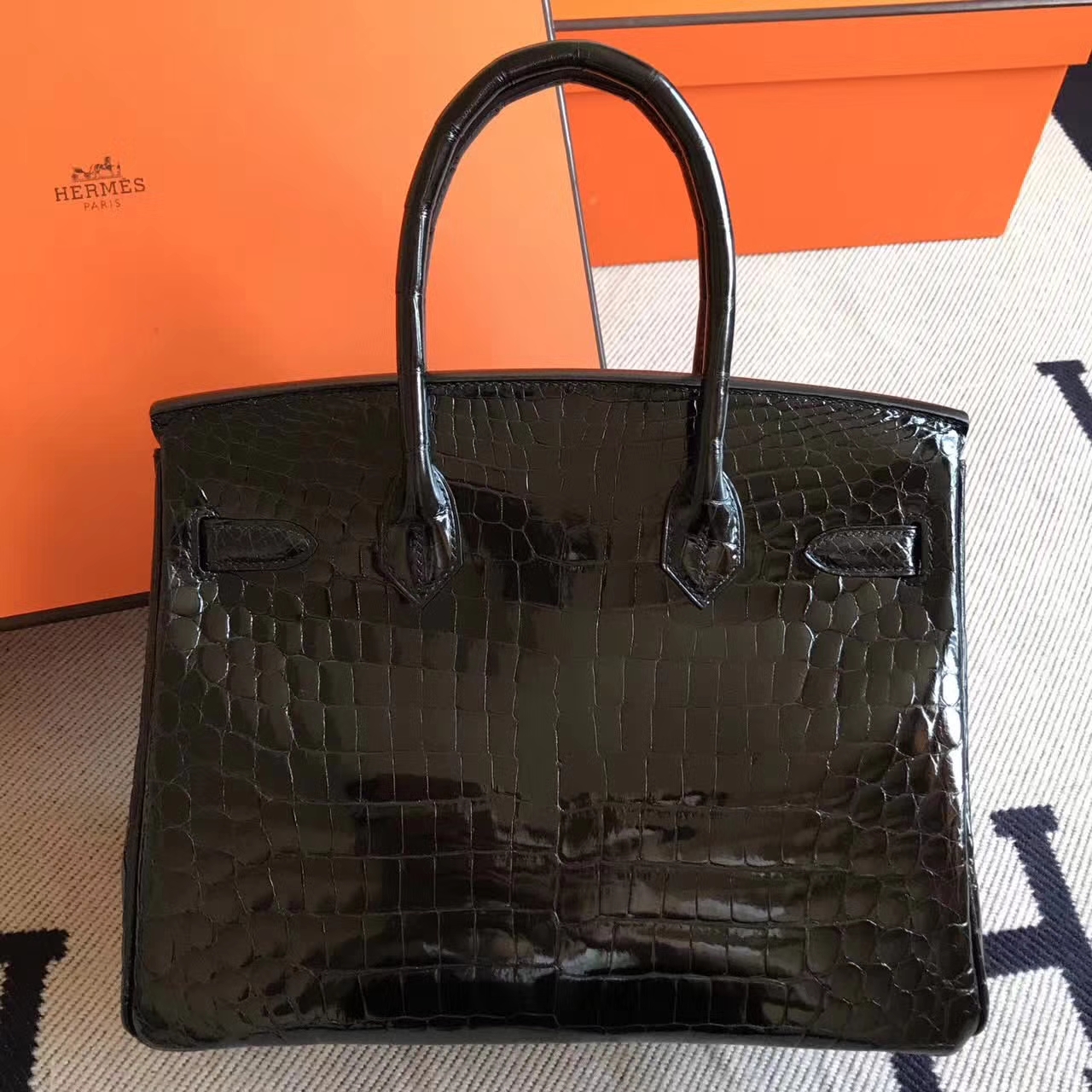 On Sale Hermes Ck89 Black Crocodile Shiny Leather Birkin Bag30cm Silver Hardware