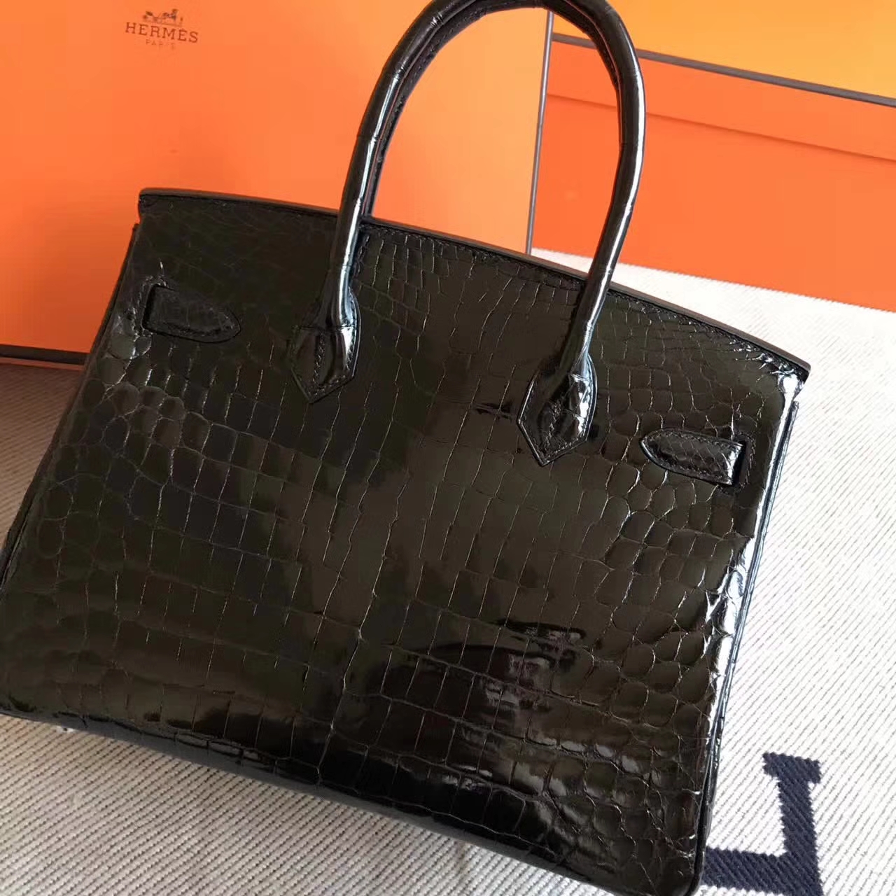 On Sale Hermes Ck89 Black Crocodile Shiny Leather Birkin Bag30cm Silver Hardware