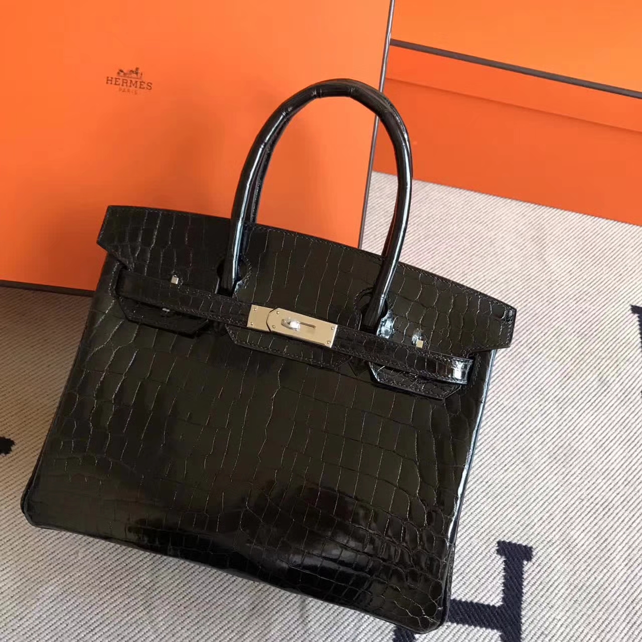 On Sale Hermes Ck89 Black Crocodile Shiny Leather Birkin Bag30cm Silver Hardware