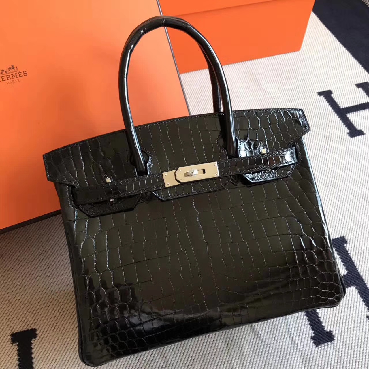 On Sale Hermes Ck89 Black Crocodile Shiny Leather Birkin Bag30cm Silver Hardware