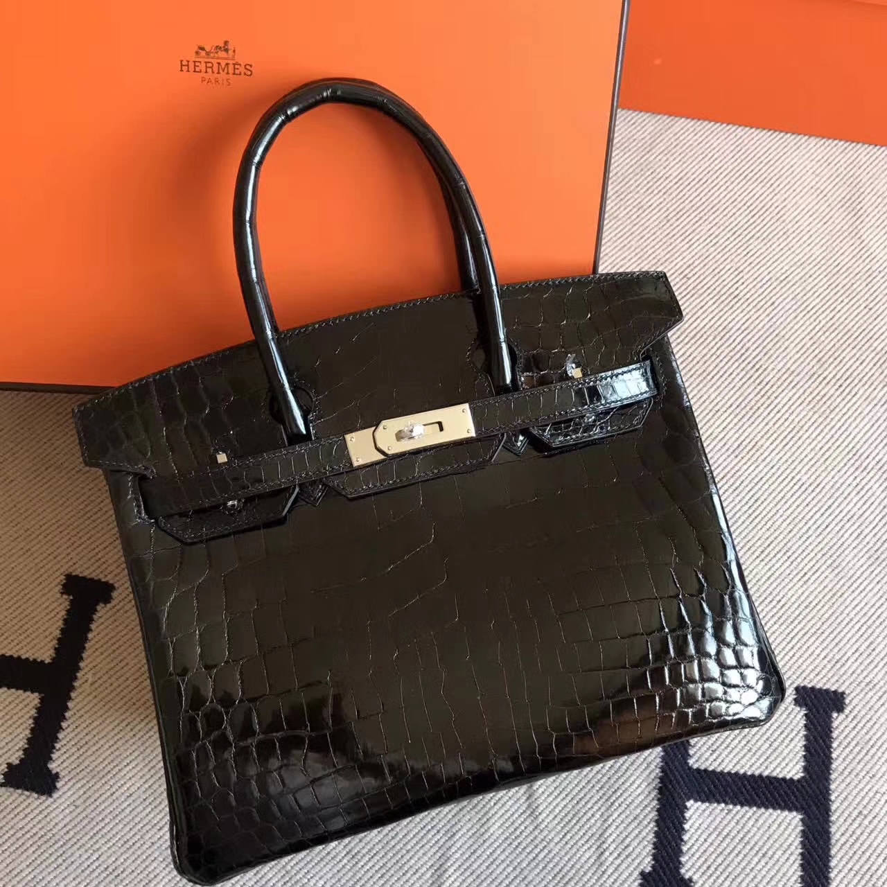 On Sale Hermes Ck89 Black Crocodile Shiny Leather Birkin Bag30cm Silver Hardware